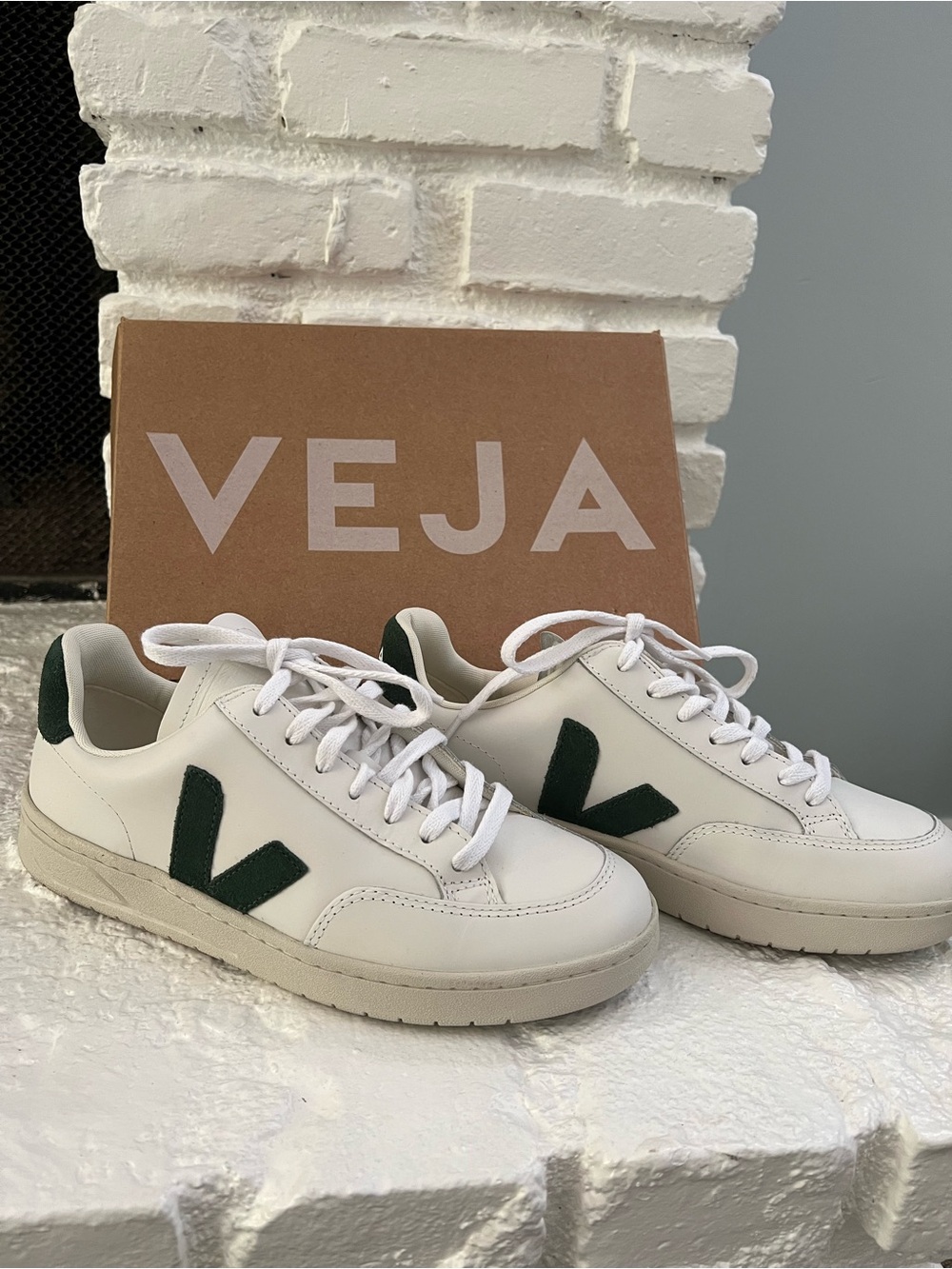 Veja V-12 White Sneakers with Dark Green V and Heel